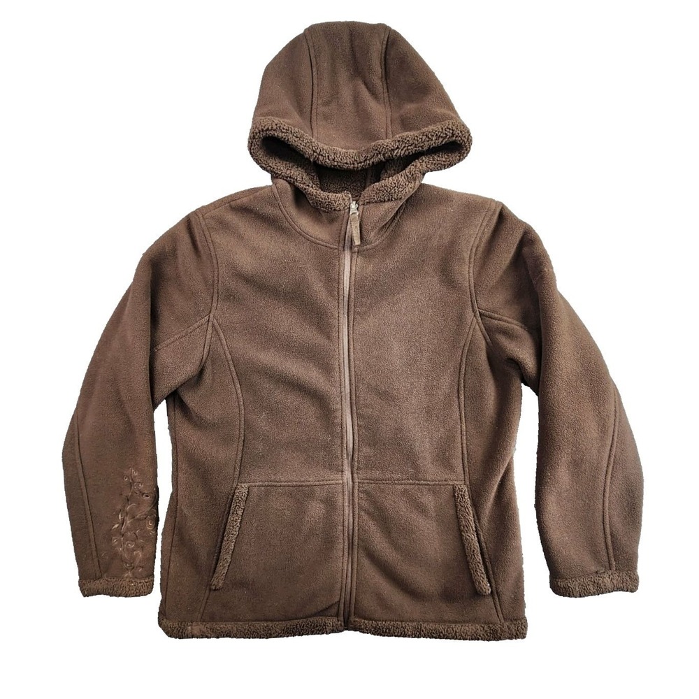 Free Country Women's Cozy Fleece Zip‎ Hoodie Brown Embroidered Floral Size Large